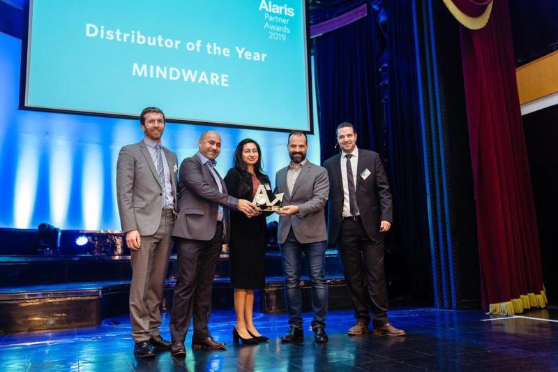 The Mindware team accepting their award: Nicholas Argyrides, Mindware GM-Gulf; Ghaith Sahawneh, Business Unit Manager; Falguni Jesrani, Product Manager