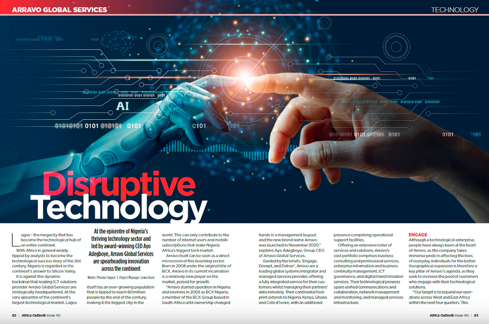 shows a magazine double page spread with the words disruptive technology prominent