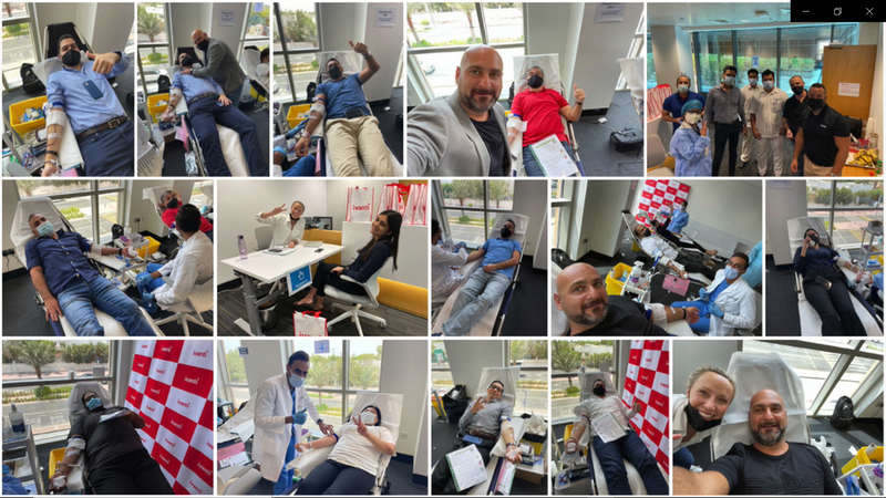 a collage of photos and media showing a blood donation drive