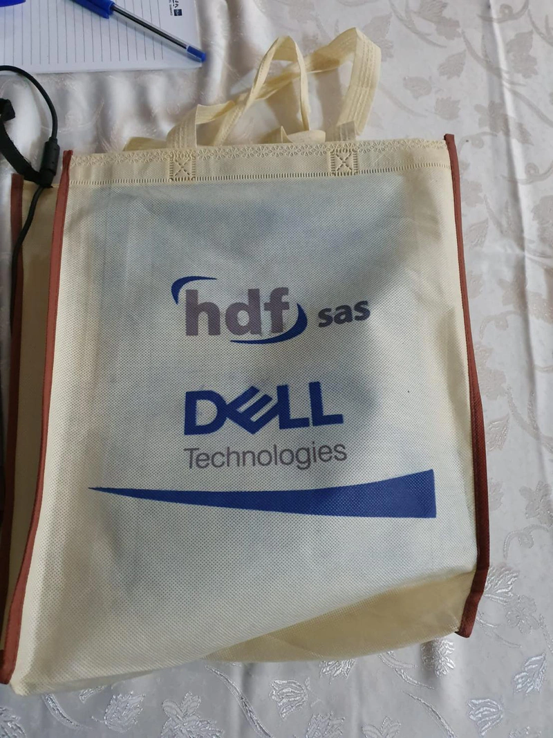 a shoulder bag with two company logos on it - HDF sas and Dell Technologies