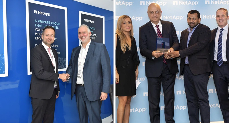 Left, presenting the NetApp award to EBM: Alexander Wallner, NetApp EMEA SVP and Francois Frangieh, General Manager EBM Abu Dhabi. Right, Maya Zakhour, NetApp MEA Partners and Pathways Lead, with Charles Abboud, General Manager EBM Dubai, Akhlaq Julay, Sales Director EBM Dubai, and Kristian Kerr, NetApp Vice President, EMEA Partner Organisations.