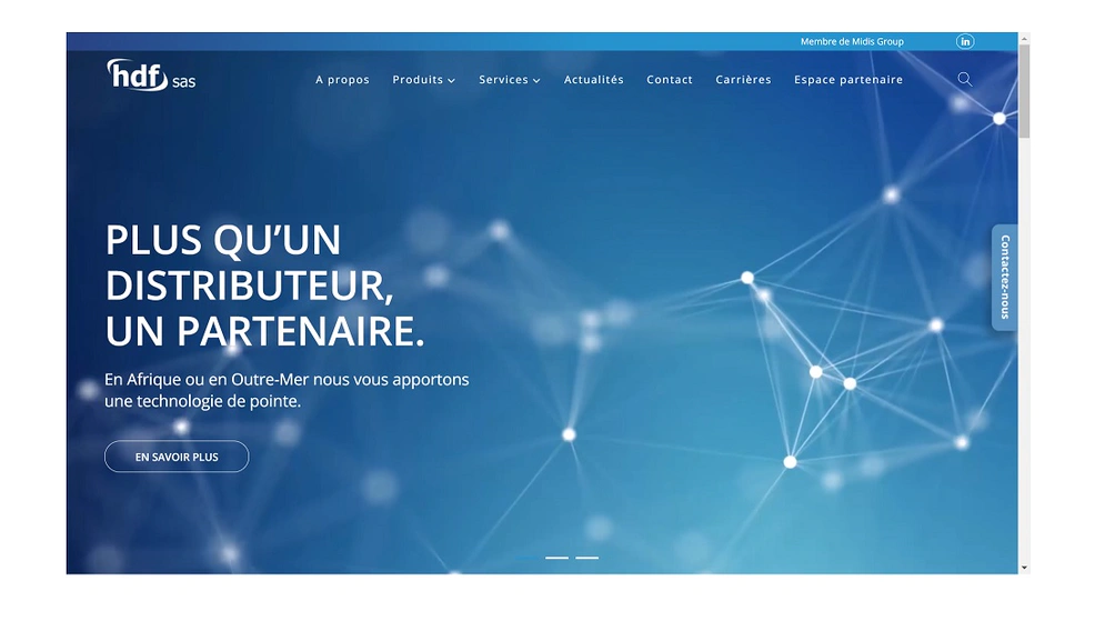 shows a website homepage with blue colors