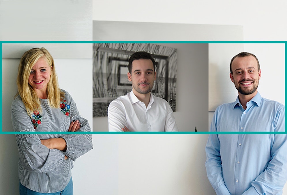 Collage of three portait photographs of people against a white background