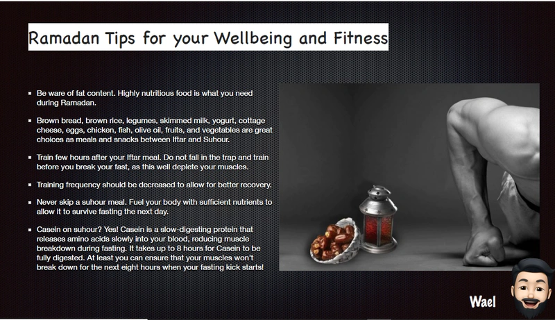 Digital graphic and text entitled 'Ramadan tips for your wellbeing and fitness