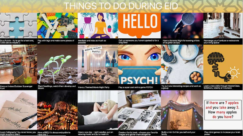 A colorful digital graphic entitled 'Things to do during Eid'