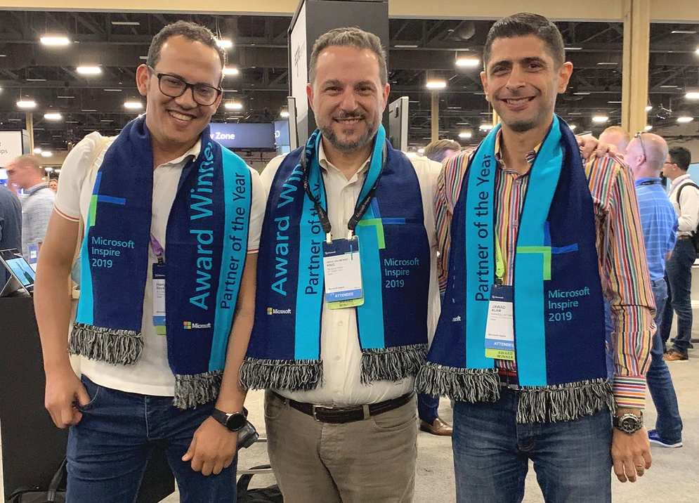 The ICT team with Award sashes at Microsoft Inspire 2019. Left, Hany Sayed,Cloud lead; centre, Abdul Salam Knio, Managing Partner; right, Jawad Alam, SW BU Manager. Photo credit: ICT