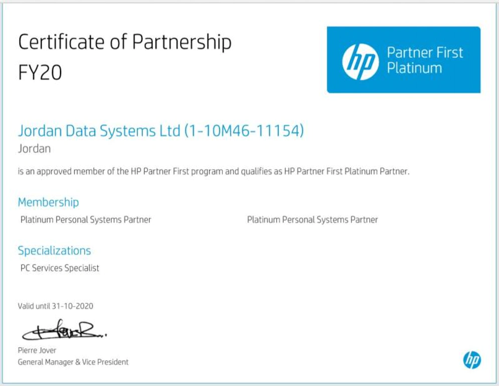 Jordan Data Systems' Partnership certification - highlighting the official recognition by HP as a Platinum Partner Photo credit: JDS