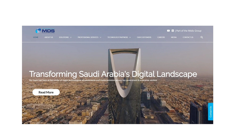 shows a website homepage with a futuristic building at the center of the image