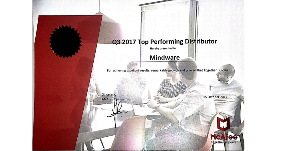 Mindware recognized as McAfee Top Performing Distributor of the Year 2017