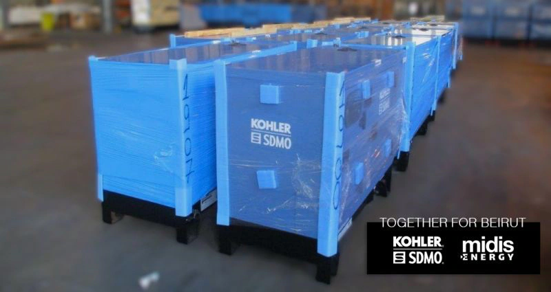 generators on pallets wrapped in blue plastic