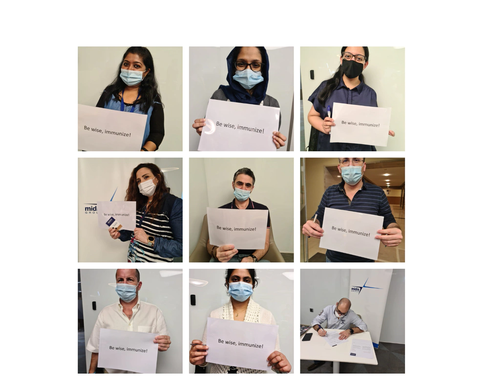 photo collage shows people with covid masks holding signs saying 'be wise, immunise'