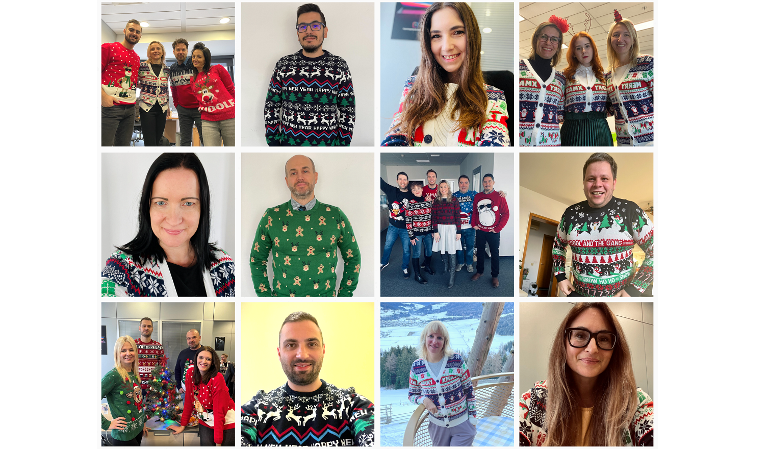 collage photograph of people wearing colorful festive jumpers