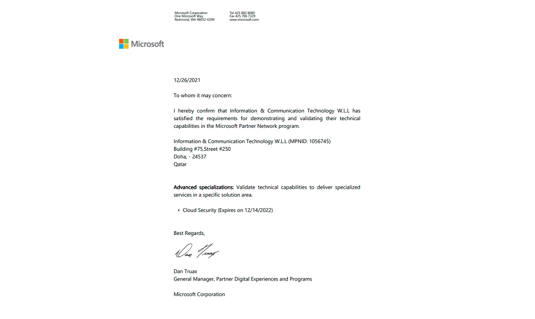 un certificat numérique avec un logo Microsoft