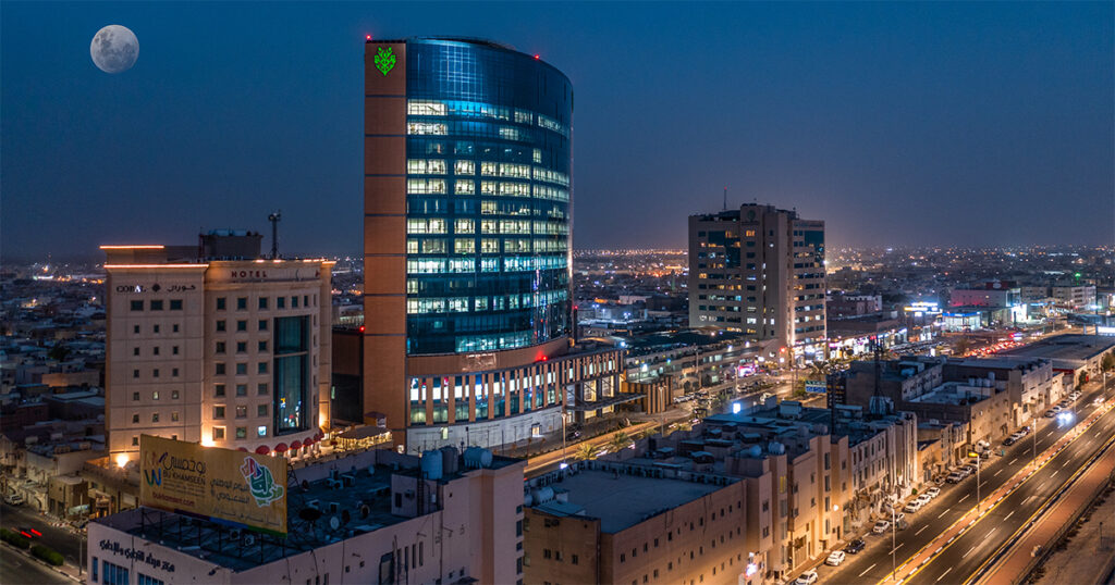 Night time view of a modern hospital building