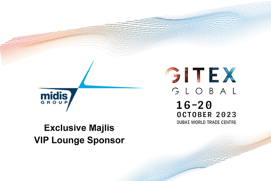 digital graphic showing the Midis Group logo and the GITEX Global 2023 logo