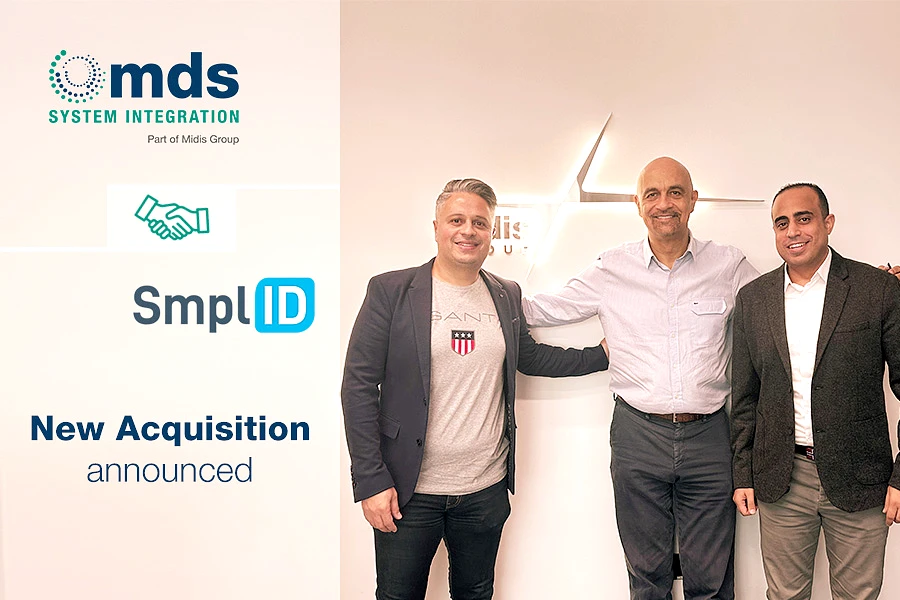 three men in a group photo with Midis Group and SmplID logo seen behind them.