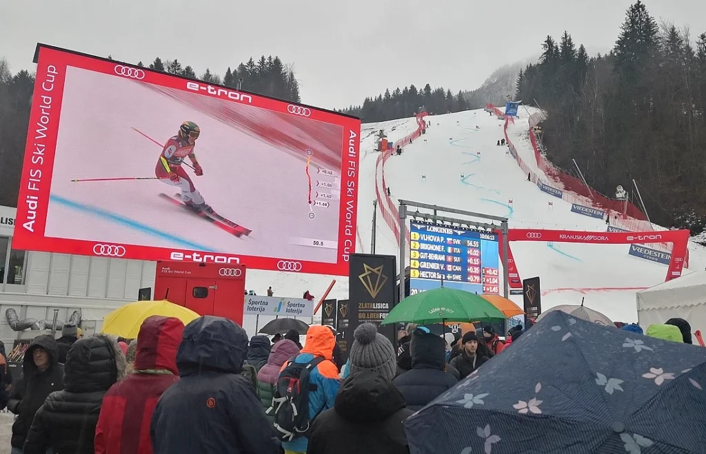 View of the finishing line at the Golden Fox downhill ski event.
