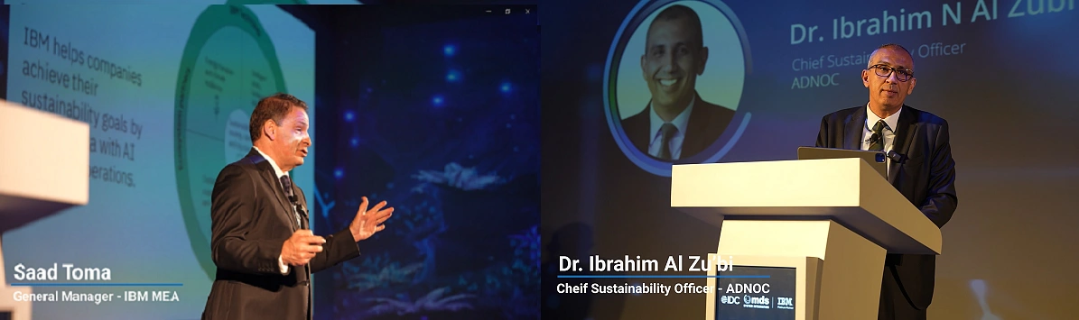 two speakers presenting on a stage in a side by side collage photograph