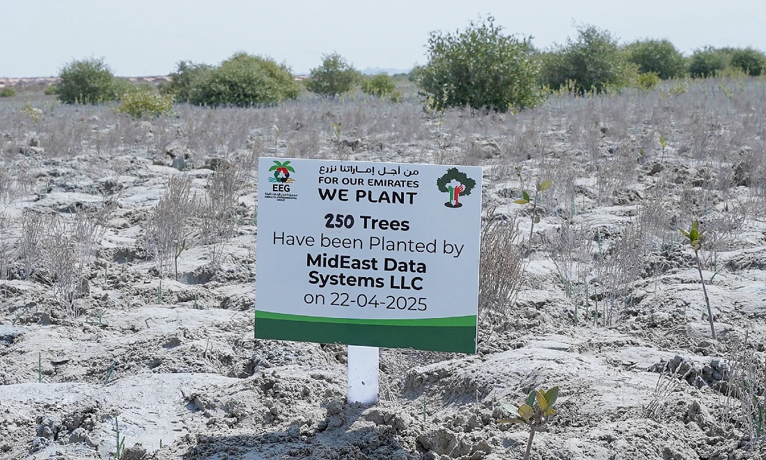 Un panneau est planté dans le sol sablonneux d’une région côtière, entouré de jeunes arbres. 