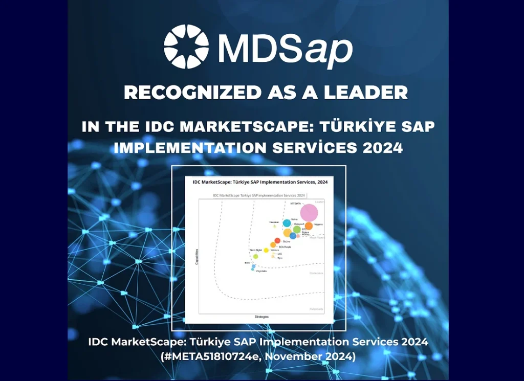 A blue and white digital graphic with the word MDSap prominent above text recognising MDSap as a leader in an IDC survey