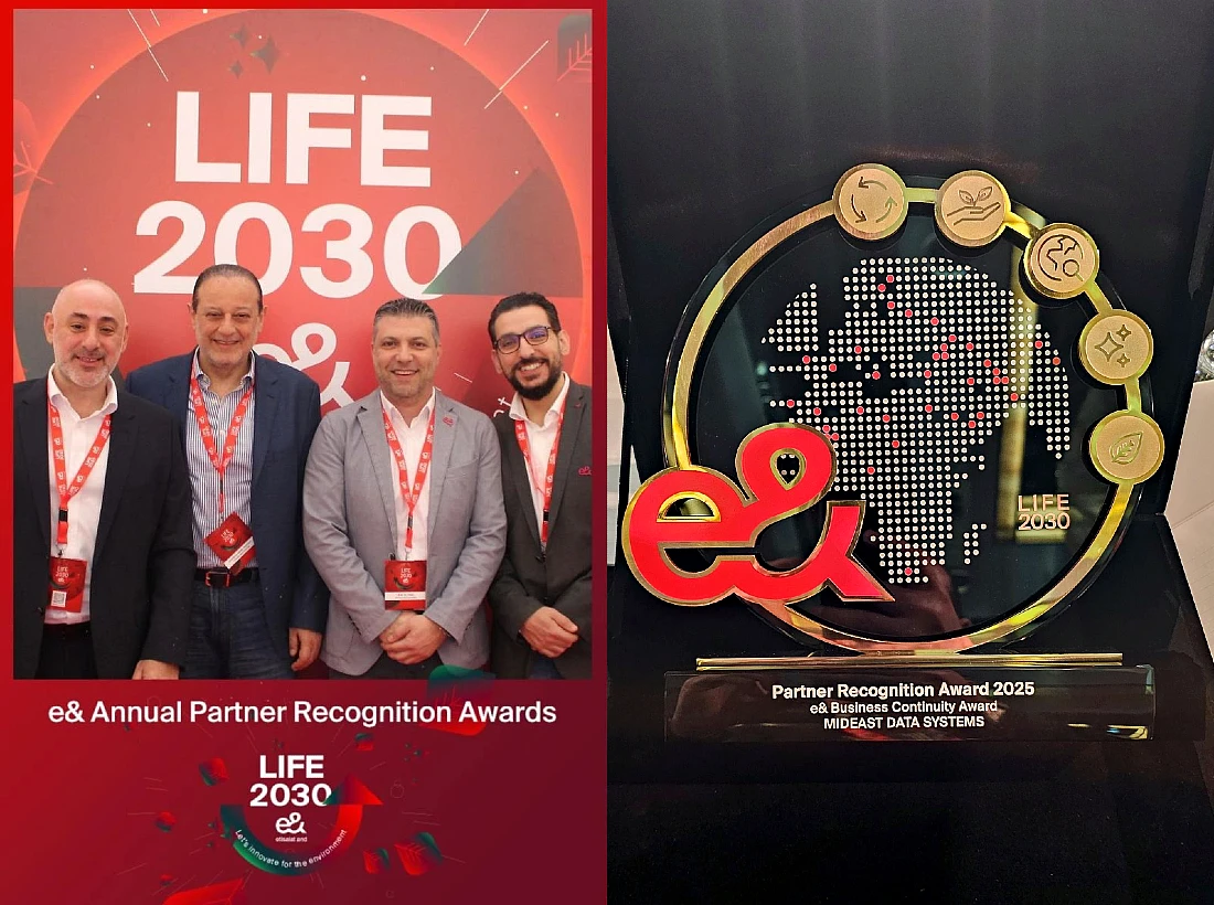 The collage photo shows, on the left, four men at an awards event, and on the right, the trophy they won at the event