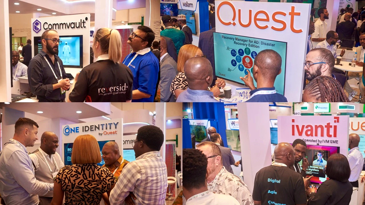 A collage of photos from GITEX Nigeria showing people networking and chatting at booths at the event 