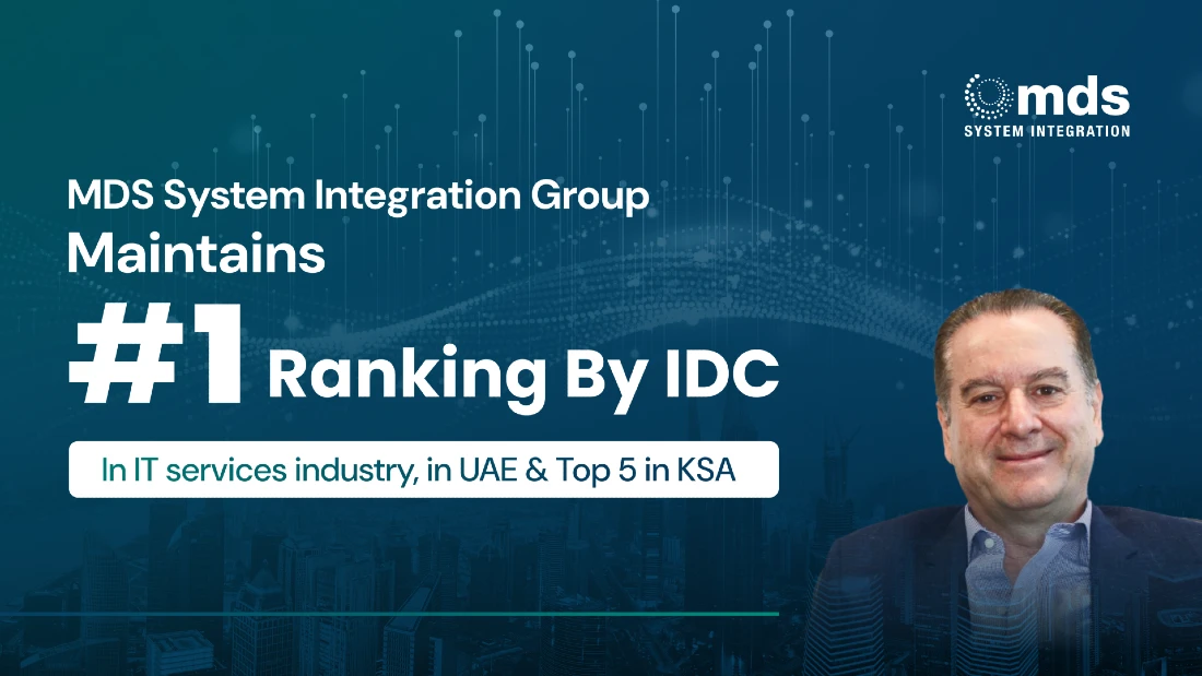 Digital graphic with prominent text spelling out MDS SI maintained #1 ranking in IT Services industry in UAE and top 5 in KSA