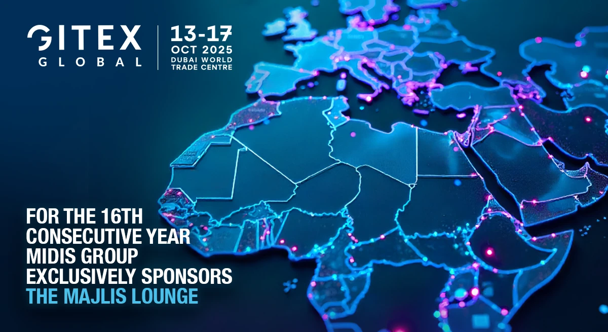 A GITEX graphic image in drak blue with red lettering