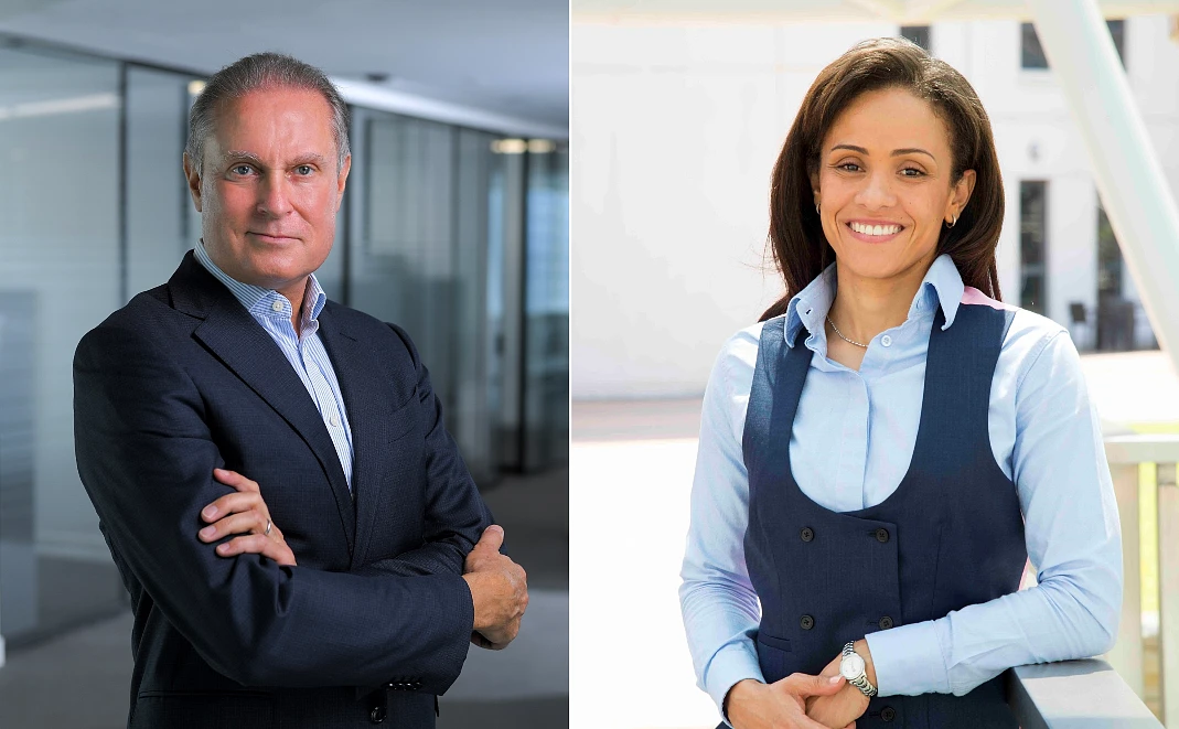 A man and a woman are seen in two side by side photos in head and shoulders poses