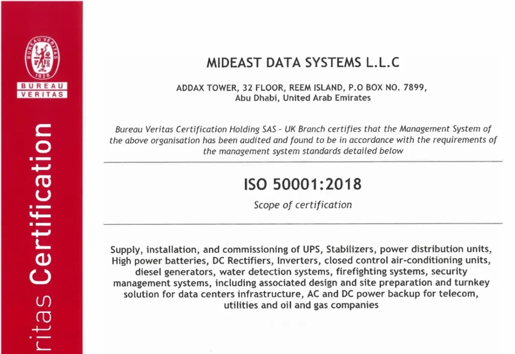 Close up view of an ISO certificate shows black text on a white background with a red border on the left side