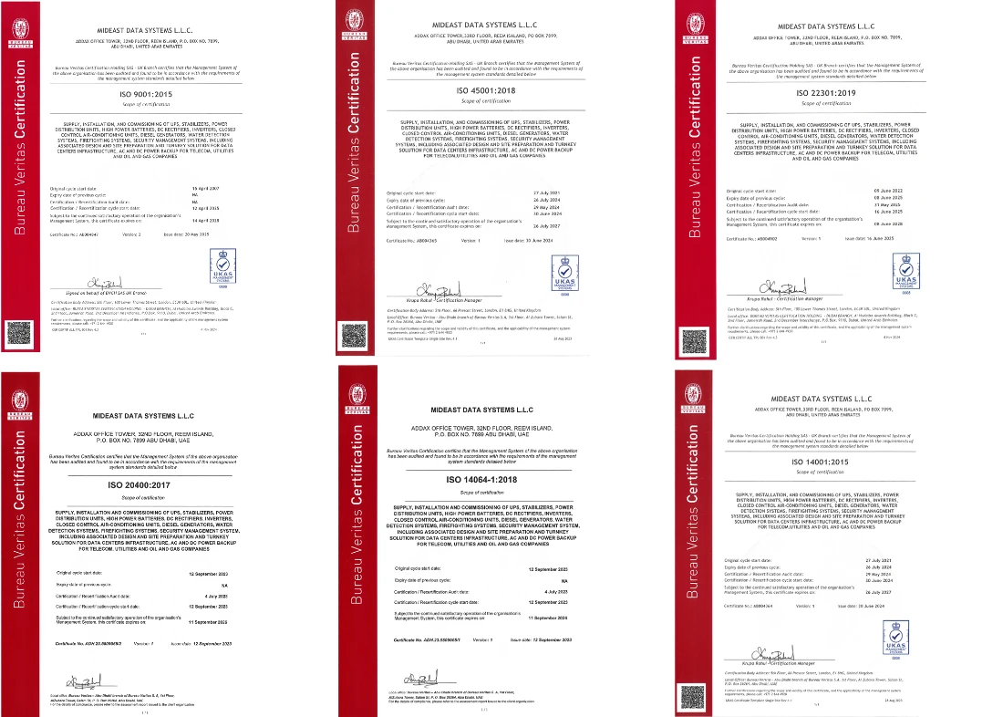 Image composite présentant six certificats ISO disposés en grille. Les certificats sont imprimés en noir sur fond blanc avec une bordure rouge.