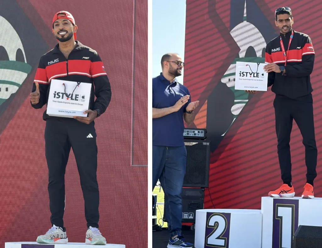 collage photo of two runners being presented with prizes at a marathon race