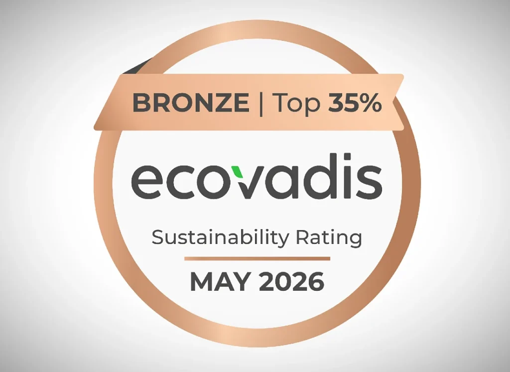 White and gold digital award graphic with the word Ecovadis prominent