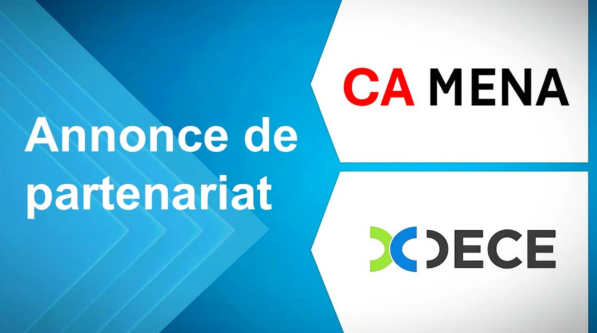 Un graphique numérique avec l'expression « Annonce de Partenariat » et deux logos - pour DECE et CA MENA